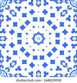 Antique portuguese azulejo ceramic. Vector seamless pattern trellis. Hand drawn design. Blue floral and abstract decor for scrapbooking, smartphone cases, T-shirts, bags or linens.