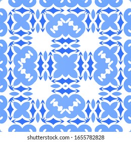 Antique portuguese azulejo ceramic. Vector seamless pattern trellis. Hand drawn design. Blue floral and abstract decor for scrapbooking, smartphone cases, T-shirts, bags or linens.