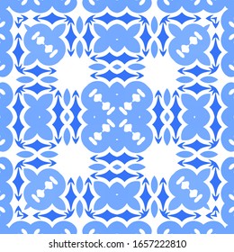 Antique portuguese azulejo ceramic. Vector seamless pattern trellis. Hand drawn design. Blue floral and abstract decor for scrapbooking, smartphone cases, T-shirts, bags or linens.