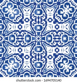 Antique portuguese azulejo ceramic. Vector seamless pattern trellis. Geometric design. Blue floral and abstract decor for scrapbooking, smartphone cases, T-shirts, bags or linens.