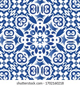 Antique portuguese azulejo ceramic. Vector seamless pattern collage. Colored design. Blue floral and abstract decor for scrapbooking, smartphone cases, T-shirts, bags or linens.