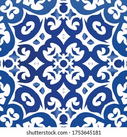 Antique portuguese azulejo ceramic. Vector seamless pattern template. Kitchen design. Blue floral and abstract decor for scrapbooking, smartphone cases, T-shirts, bags or linens.
