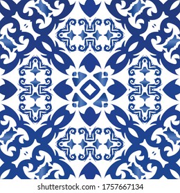 Antique portuguese azulejo ceramic. Vector seamless pattern watercolor. Bathroom design. Blue floral and abstract decor for scrapbooking, smartphone cases, T-shirts, bags or linens.