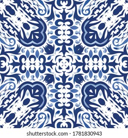 Antique portuguese azulejo ceramic. Vector seamless pattern arabesque. Graphic design. Blue floral and abstract decor for scrapbooking, smartphone cases, T-shirts, bags or linens.