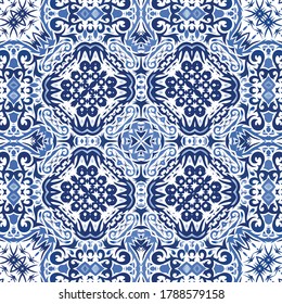 Antique portuguese azulejo ceramic. Vector seamless pattern texture. Colored design. Blue floral and abstract decor for scrapbooking, smartphone cases, T-shirts, bags or linens.