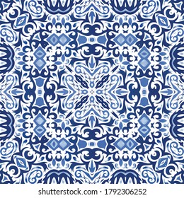 Antique portuguese azulejo ceramic. Vector seamless pattern theme. Stylish design. Blue floral and abstract decor for scrapbooking, smartphone cases, T-shirts, bags or linens.