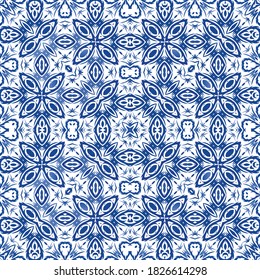 Antique portuguese azulejo ceramic. Vector seamless pattern poster. Original design. Blue floral and abstract decor for scrapbooking, smartphone cases, T-shirts, bags or linens.