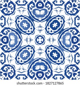 Antique portuguese azulejo ceramic. Vector seamless pattern theme. Original design. Blue floral and abstract decor for scrapbooking, smartphone cases, T-shirts, bags or linens.