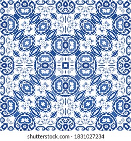 Antique portuguese azulejo ceramic. Vector seamless pattern theme. Original design. Blue floral and abstract decor for scrapbooking, smartphone cases, T-shirts, bags or linens.