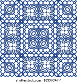 Antique portuguese azulejo ceramic. Vector seamless pattern template. Geometric design. Blue floral and abstract decor for scrapbooking, smartphone cases, T-shirts, bags or linens.