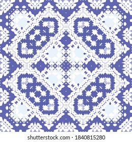 Antique portuguese azulejo ceramic. Vector seamless pattern collage. Original design. Blue floral and abstract decor for scrapbooking, smartphone cases, T-shirts, bags or linens.