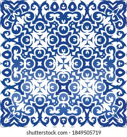 Antique portuguese azulejo ceramic. Vector seamless pattern concept. Fashionable design. Blue floral and abstract decor for scrapbooking, smartphone cases, T-shirts, bags or linens.