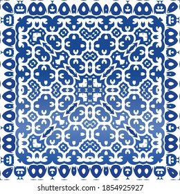Antique portuguese azulejo ceramic. Vector seamless pattern concept. Fashionable design. Blue floral and abstract decor for scrapbooking, smartphone cases, T-shirts, bags or linens.