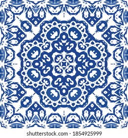 Antique portuguese azulejo ceramic. Vector seamless pattern texture. Colored design. Blue floral and abstract decor for scrapbooking, smartphone cases, T-shirts, bags or linens.