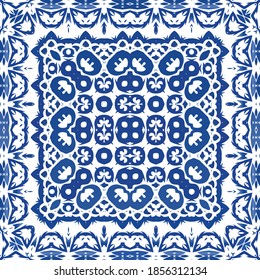 Antique portuguese azulejo ceramic. Vector seamless pattern texture. Colored design. Blue floral and abstract decor for scrapbooking, smartphone cases, T-shirts, bags or linens.
