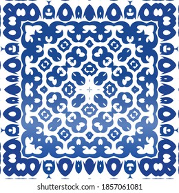 Antique portuguese azulejo ceramic. Vector seamless pattern concept. Fashionable design. Blue floral and abstract decor for scrapbooking, smartphone cases, T-shirts, bags or linens.
