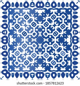 Antique portuguese azulejo ceramic. Vector seamless pattern concept. Fashionable design. Blue floral and abstract decor for scrapbooking, smartphone cases, T-shirts, bags or linens.