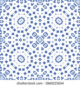 Antique portuguese azulejo ceramic. Vector seamless pattern trellis. Hand drawn design. Blue floral and abstract decor for scrapbooking, smartphone cases, T-shirts, bags or linens.