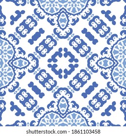 Antique portuguese azulejo ceramic. Vector seamless pattern trellis. Hand drawn design. Blue floral and abstract decor for scrapbooking, smartphone cases, T-shirts, bags or linens.