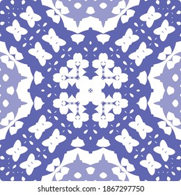 Antique portuguese azulejo ceramic. Vector seamless pattern collage. Original design. Blue floral and abstract decor for scrapbooking, smartphone cases, T-shirts, bags or linens.