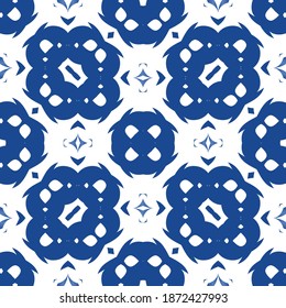 Antique portuguese azulejo ceramic. Vector seamless pattern poster. Geometric design. Blue floral and abstract decor for scrapbooking, smartphone cases, T-shirts, bags or linens.