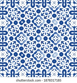 Antique portuguese azulejo ceramic. Vector seamless pattern concept. Minimal design. Blue floral and abstract decor for scrapbooking, smartphone cases, T-shirts, bags or linens.