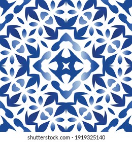 Antique portuguese azulejo ceramic. Vector seamless pattern texture. Colored design. Blue floral and abstract decor for scrapbooking, smartphone cases, T-shirts, bags or linens.