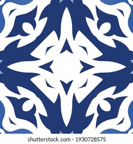 Antique portuguese azulejo ceramic. Vector seamless pattern trellis. Fashionable design. Blue floral and abstract decor for scrapbooking, smartphone cases, T-shirts, bags or linens.