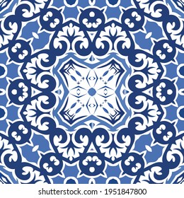 Antique portuguese azulejo ceramic. Vector seamless pattern poster. Minimal design. Blue floral and abstract decor for scrapbooking, smartphone cases, T-shirts, bags or linens.