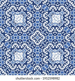 Antique portuguese azulejo ceramic. Vector seamless pattern poster. Minimal design. Blue floral and abstract decor for scrapbooking, smartphone cases, T-shirts, bags or linens.