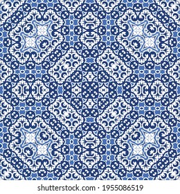 Antique portuguese azulejo ceramic. Vector seamless pattern poster. Minimal design. Blue floral and abstract decor for scrapbooking, smartphone cases, T-shirts, bags or linens.