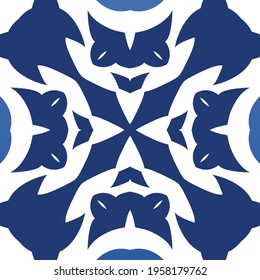 Antique portuguese azulejo ceramic. Vector seamless pattern trellis. Fashionable design. Blue floral and abstract decor for scrapbooking, smartphone cases, T-shirts, bags or linens.
