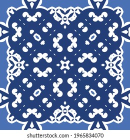 Antique portuguese azulejo ceramic. Vector seamless pattern poster. Minimal design. Blue floral and abstract decor for scrapbooking, smartphone cases, T-shirts, bags or linens.
