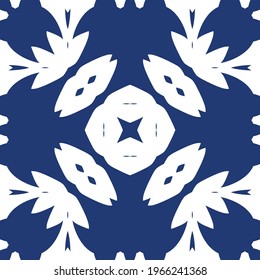 Antique portuguese azulejo ceramic. Vector seamless pattern trellis. Fashionable design. Blue floral and abstract decor for scrapbooking, smartphone cases, T-shirts, bags or linens.