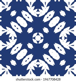 Antique portuguese azulejo ceramic. Vector seamless pattern trellis. Fashionable design. Blue floral and abstract decor for scrapbooking, smartphone cases, T-shirts, bags or linens.