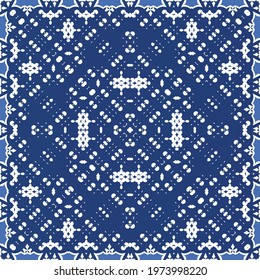 Antique portuguese azulejo ceramic. Vector seamless pattern poster. Minimal design. Blue floral and abstract decor for scrapbooking, smartphone cases, T-shirts, bags or linens.