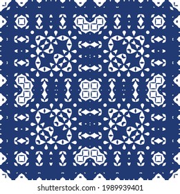 Antique portuguese azulejo ceramic. Vector seamless pattern trellis. Fashionable design. Blue floral and abstract decor for scrapbooking, smartphone cases, T-shirts, bags or linens.