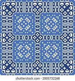 Antique portuguese azulejo ceramic. Vector seamless pattern poster. Minimal design. Blue floral and abstract decor for scrapbooking, smartphone cases, T-shirts, bags or linens.