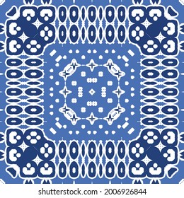 Antique portuguese azulejo ceramic. Vector seamless pattern poster. Minimal design. Blue floral and abstract decor for scrapbooking, smartphone cases, T-shirts, bags or linens.