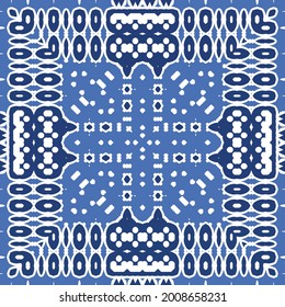 Antique portuguese azulejo ceramic. Vector seamless pattern poster. Minimal design. Blue floral and abstract decor for scrapbooking, smartphone cases, T-shirts, bags or linens.