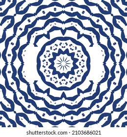 Antique portuguese azulejo ceramic. Vector seamless pattern poster. Colored design. Blue floral and abstract decor for scrapbooking, smartphone cases, T-shirts, bags or linens.