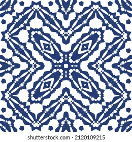 Antique portuguese azulejo ceramic. Vector seamless pattern poster. Colored design. Blue floral and abstract decor for scrapbooking, smartphone cases, T-shirts, bags or linens.