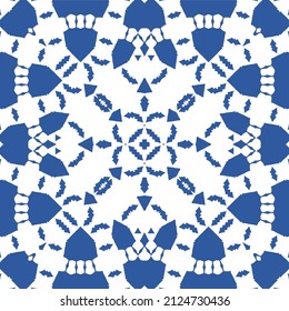 Antique portuguese azulejo ceramic. Vector seamless pattern collage. Colored design. Blue floral and abstract decor for scrapbooking, smartphone cases, T-shirts, bags or linens.