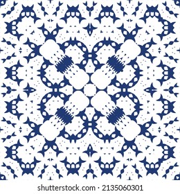 Antique portuguese azulejo ceramic. Vector seamless pattern poster. Colored design. Blue floral and abstract decor for scrapbooking, smartphone cases, T-shirts, bags or linens.