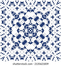 Antique portuguese azulejo ceramic. Vector seamless pattern poster. Colored design. Blue floral and abstract decor for scrapbooking, smartphone cases, T-shirts, bags or linens.
