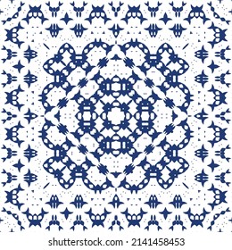 Antique portuguese azulejo ceramic. Vector seamless pattern poster. Colored design. Blue floral and abstract decor for scrapbooking, smartphone cases, T-shirts, bags or linens.