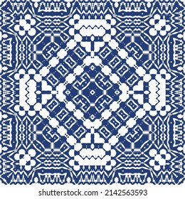 Antique portuguese azulejo ceramic. Vector seamless pattern poster. Colored design. Blue floral and abstract decor for scrapbooking, smartphone cases, T-shirts, bags or linens.