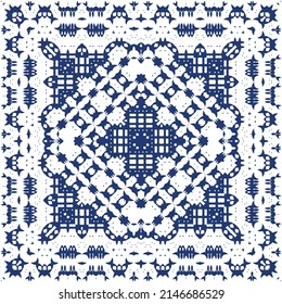 Antique portuguese azulejo ceramic. Vector seamless pattern poster. Colored design. Blue floral and abstract decor for scrapbooking, smartphone cases, T-shirts, bags or linens.