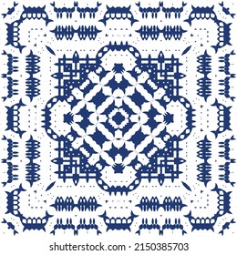 Antique portuguese azulejo ceramic. Vector seamless pattern poster. Colored design. Blue floral and abstract decor for scrapbooking, smartphone cases, T-shirts, bags or linens.