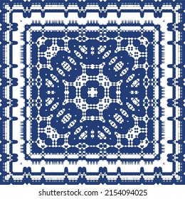 Antique portuguese azulejo ceramic. Vector seamless pattern poster. Colored design. Blue floral and abstract decor for scrapbooking, smartphone cases, T-shirts, bags or linens.